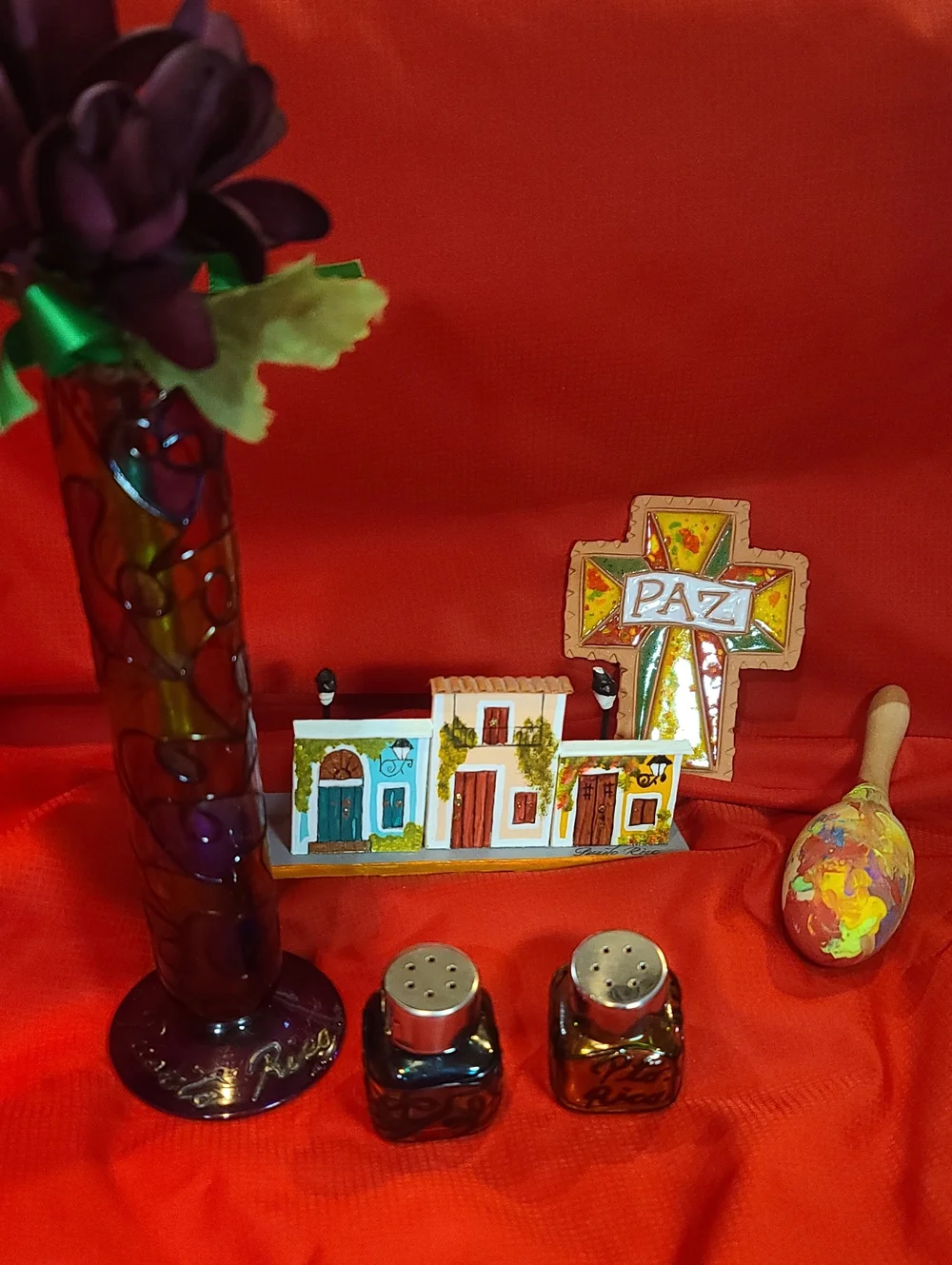 Puerto Rico -Stain Glass Look Decor Vase Salt Pepper Shakers Note Holder, Cross